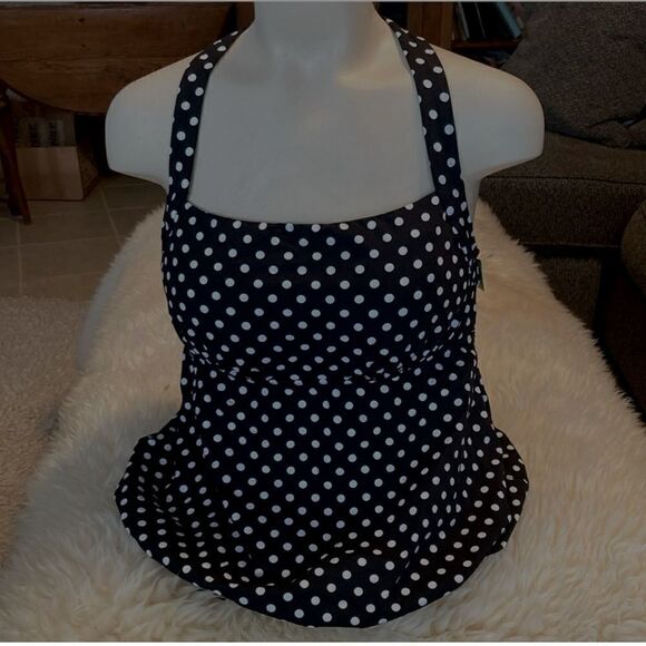Land's End Tankini Blouson Racer Back polkadot black white soft cup Swim Top 8P - Picture 2 of 5